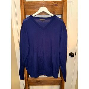 Hart Schaffner Marx Mens XL V Neck Sweater Extra Fine Merino Wool Blue‎ LS